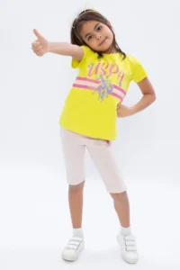 US Polo Assn. Base. Polo Assn Lemon Yellow Girl's Crew Neck Bermuda Tights Set - Image 2