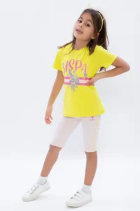 US Polo Assn. Base. Polo Assn Lemon Yellow Girl's Crew Neck Bermuda Tights Set - Image 4