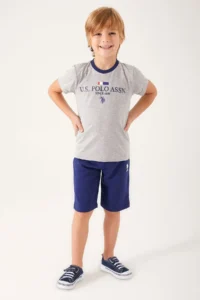 US Polo Assn. Light Coffee Written Gray Melange Boy's Bermuda Suit - Image 2