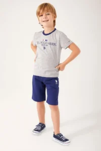 US Polo Assn. Light Coffee Written Gray Melange Boy's Bermuda Suit - Image 3
