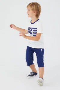 US Polo Assn. Base. Polo Assn Thick Strips Cream Boy Capri Suit - Image 3