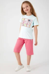 US Polo Assn. Base. Polo Assn Colorful Leaves Green Girls Capri Set - Image 3