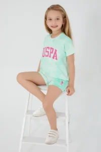 US Polo Assn. Base. Polo Assn Pink Font Detail Light Blue Girls Shorts Set