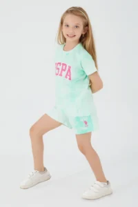 US Polo Assn. Base. Polo Assn Pink Font Detail Light Blue Girls Shorts Set - Image 2