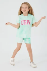 US Polo Assn. Base. Polo Assn Pink Font Detail Light Blue Girls Shorts Set - Image 3