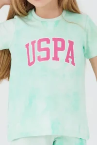US Polo Assn. Base. Polo Assn Pink Font Detail Light Blue Girls Shorts Set - Image 4