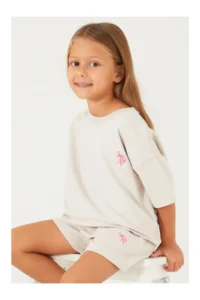 US Polo Assn. Base. Polo Assn Plain Open Naive Cream Girls Shorts Set - Image 3