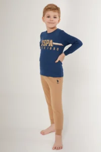 US Polo Assn. Thick Line Pattern Dark Blue Boy's Long Sleeve Pajama Set - Image 2