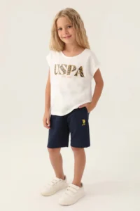US Polo Assn. Girl Waitress Bermuda Set - Cream Navy Blue