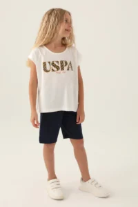 US Polo Assn. Girl Waitress Bermuda Set - Cream Navy Blue - Image 2