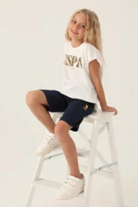 US Polo Assn. Girl Waitress Bermuda Set - Cream Navy Blue - Image 3
