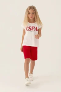 US Polo Assn. US1833-C Licensed Girl's Bermuda Suit Cream-Red