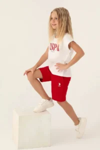 US Polo Assn. US1833-C Licensed Girl's Bermuda Suit Cream-Red - Image 2