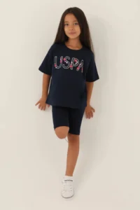 US Polo Assn. Base. Polo Assn Licensed Written Flowers Navy Blue Girls Bermuda Set