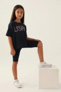 US Polo Assn. Base. Polo Assn Licensed Written Flowers Navy Blue Girls Bermuda Set - Image 2