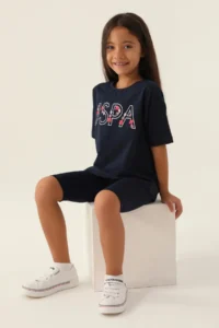 US Polo Assn. Base. Polo Assn Licensed Written Flowers Navy Blue Girls Bermuda Set - Image 3