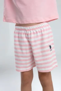 US Polo Assn. US Polo Assn. Girl's Floral Printed Light Pink T-Shirt & Striped Shorts Set - Image 3