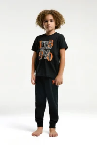 US Polo Assn. USPA Licensed 4-14 Years 100% Cotton Fabric Digital Printing Bicycle Collar Boy's Bottom-Top Set