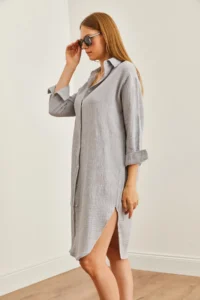 Olalook Women's Gray Muslin Shirt Dress with Oval Side Slits - Image 7
