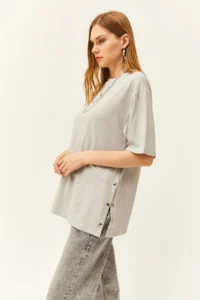 Olalook Women's Dolphin Gray Buttoned Side Cotton T-Shirt - Image 5