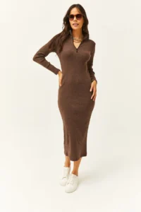 Olalook Women's Bitter Brown Zippered Stand-Up Collar Long Lycra Dress - Image 2