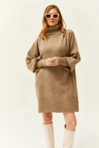 Olalook Women's Mink Turtleneck Balloon Sleeve Loose Knitwear Dress - Image 3