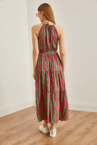 Olalook Women's Zebra Fuchsia Green Halter Neck Belted Woven Viscon Dress - Image 6