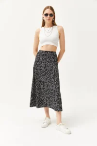 Olalook Women's Japanese Black Elastic Waist Patterned Long Skirt - Image 4