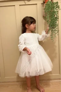 penu baby kids White Long Balloon Fabric Sleeve Detailed Tutu Tutu Baby Girl Dress
