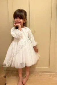 penu baby kids White Long Balloon Fabric Sleeve Detailed Tutu Tutu Baby Girl Dress - Image 3