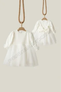 penu baby kids White Long Balloon Fabric Sleeve Detailed Tutu Tutu Baby Girl Dress - Image 5
