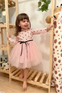 penu baby kids Pink Polka Dot Detailed Long Sleeve Baby Girl Dress - Image 2
