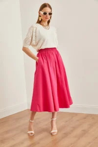 Olalook Women's Fuchsia Pocketed Elastic Waist Midi Woven Bell Skirt - Image 2