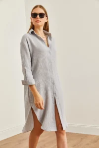 Olalook Women's Gray Muslin Shirt Dress with Oval Side Slits - Image 4