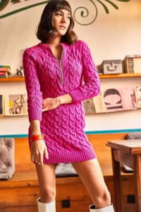 Olalook Women's Fuchsia Zipper Braided Knitwear Dress - Image 3