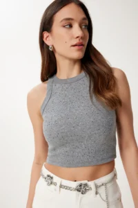 Happiness İstanbul Women's Anthracite Stone Detailed Halter Collar Knitted Undershirt