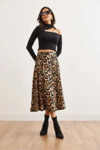 Olalook Women's Leopard Stone Elastic Waist Suede Textured Bell Skirt - Image 2