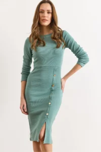 Olalook Women's Green Button Detailed Slit Midi Flexible Dress