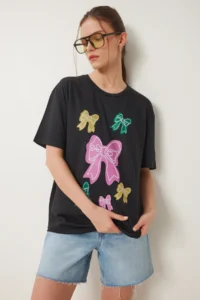 Happiness İstanbul Women Black Fiyonk Printed Knitting T-Shirt - Image 2