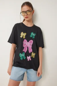 Happiness İstanbul Women Black Fiyonk Printed Knitting T-Shirt - Image 3