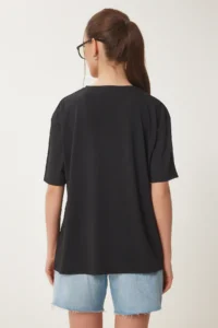 Happiness İstanbul Women Black Fiyonk Printed Knitting T-Shirt - Image 5