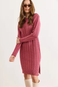 Olalook Women's Dusty Rose Banded Waist Slit Hair Knitted Mini Dress - Image 6