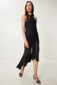 Happiness İstanbul Women Black Asymmetric Shirred Tulle Dress