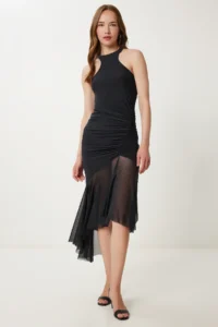 Happiness İstanbul Women Black Asymmetric Shirred Tulle Dress - Image 2