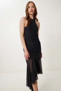 Happiness İstanbul Women Black Asymmetric Shirred Tulle Dress - Image 3