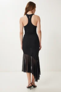 Happiness İstanbul Women Black Asymmetric Shirred Tulle Dress - Image 5