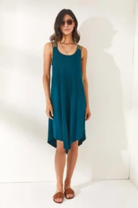 Olalook Women's Petrol Green Ethnic Strappy Asymmetrical Dress - Image 2