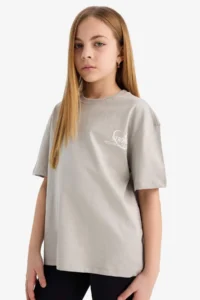 DeFacto Oversize Wide Fit Crew Neck Back Printed Short Sleeve T-Shirt Girl Child - Image 3
