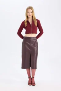 DeFacto High Waist Combed Cotton Lined Slit Midi Faux Leather Claret Red Pencil Skirt - Image 4