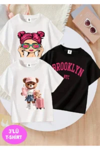 twins tailors Girl Printed 3-Pack Black-White Girls' T-Shirt